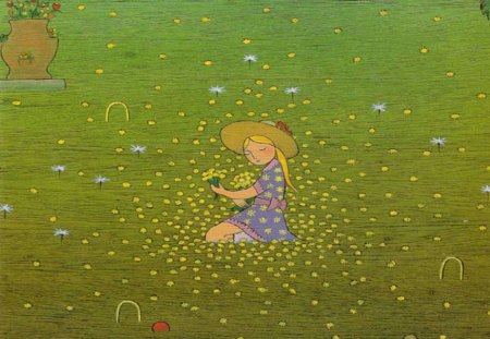 Picking flowers - flowers, girl, flower field, grass