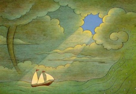 Sailing Boat - stream, sunbeam, clouds, sailing boat