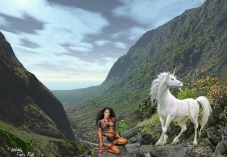 Amazon and Unicorn - woman, sky, clouds, amazon, mountains, unicorn