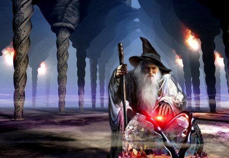 Magic Spells - staff, columns, abstract, fantasy, magic, building, light, spells, wizard, man