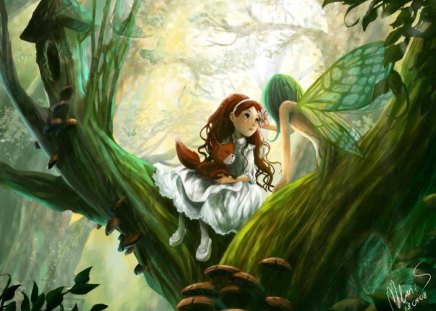 Visit Of The Fairy - woodland, tree, fairy, girl