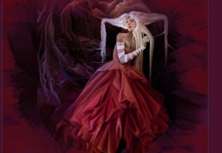 Wisps of White Hair - white hair, lady, red dress, darkness