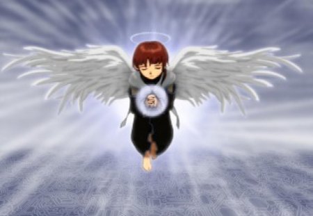 Littlest Angel - clouds, anime, winged, halo, wings, sunshine, sky