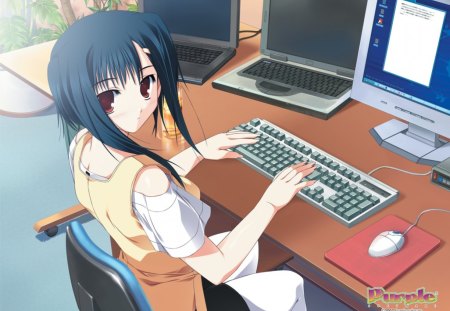 Hmm, What is it? - anime, computer, anime girl, keyboard