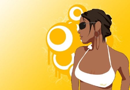 70s Sunshine - yellow, glasses, bikini, circles, tanned