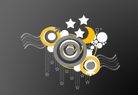 Stars and the Moon - moon, circles, yellow, vector, stars, black, lines, gray, art, vector art