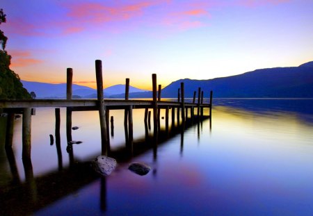 LAKE PIER - lake, pier, landscape, night, sunset, bridge