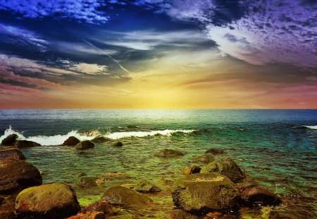 magnificent colorful seascape - clouds, shore, colors, sea, rocks