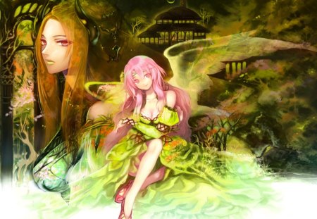 Mattsun - anime girl, female, mattsun, holding, hot, angel, cool, long hair, sweet, smile, high heels, cute, sitting, pink hair, sexy, castle