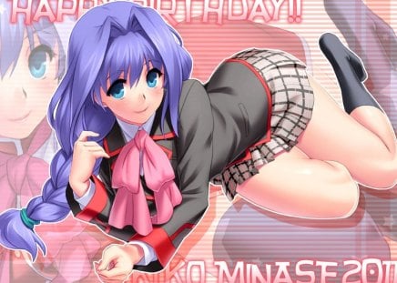 Minase Akiko - little busters, female, hot, socks, anime girl, cool, shorts, kanon, hair intakes, sexy, lying, braid, blue eyes, long hair, purple hair, school uniform, minase akiko, smile, blush