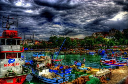 COLORFUL BOATS - sky, pier, boats, clouds, marina, colorful, water