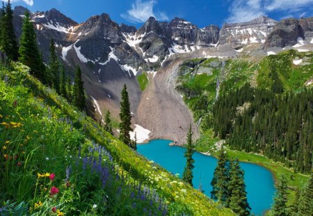 Steep mountainside - pretty, relax, summer, blue, grass, steep, mountain, flowers, view, cliffs, lake, nice, sky, clouds, greenery, mountainscape, beautiful, snowy, slope, enjoy, lovely, peaks, harmony, mountainside, nature, green, delight, floral