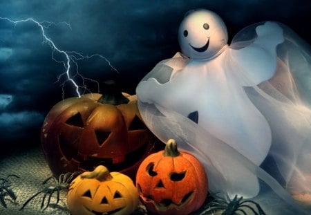 Happy Halloween Ghost - ghost, pumpkins, whimsical, happy, spiders, jack o lanterns, halloween, cute, lightning