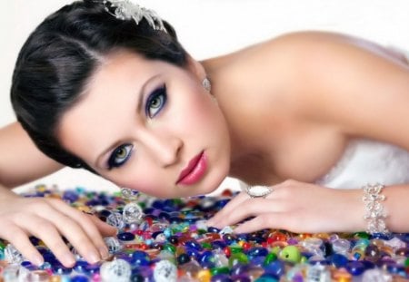 Feminine beauty - face, make-up, feminine, pretty, beauty, beautiful, stones, brunette, girl, lady, nice, lovely, pearls, woman, colorful