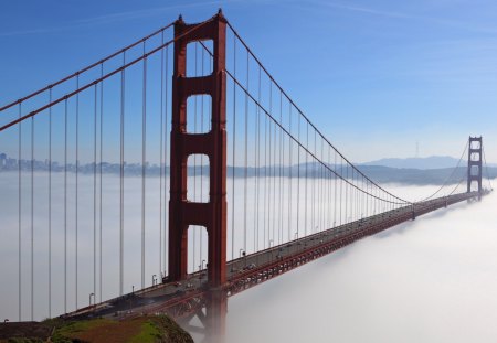 The Golden Gate in Fog - landmark, california, bridges, architecure