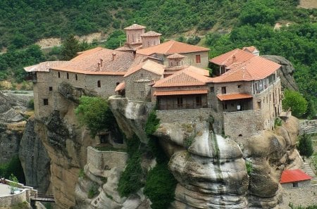 monastery on a cliff - monastery, bridge, rocks, cliff