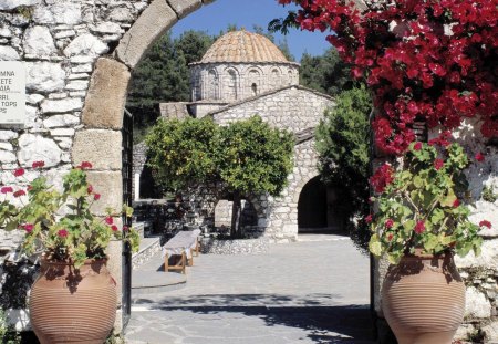 lemon tree in a church courtyard in rhodes greece - courtyard, flowers, church, tree