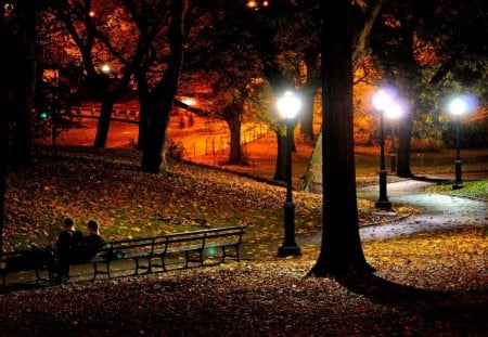 Night park - falling, summer, lights, foliage, beautiful, relax, rest, leaves, sit, alleys, boys, lantern, autumn, fall, path, night, nice, friends, lovely, romantic