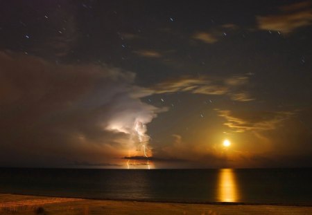 Night over Anna-Maria island - summer, beach, island, thunder, moon light, reflection, shore, twilight, sky, clouds, water, beautiful, sea, ocean, nature, dusk, sands