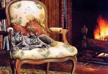 By Sueellen Ross - sueellen ross, fire, home, kitten, cat, painting, chair, art