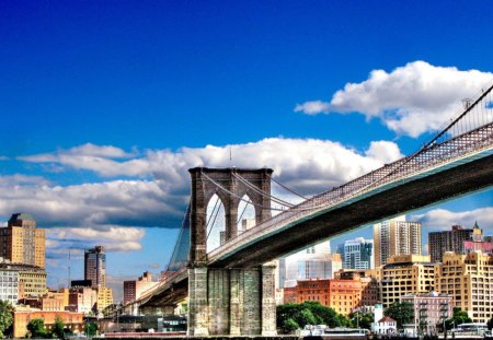 manhattan bridge hdr - new york, nyc, wallpaper, brooklyn bridge, river, clouds, city, architecture, hdr, bridge, bridges, new