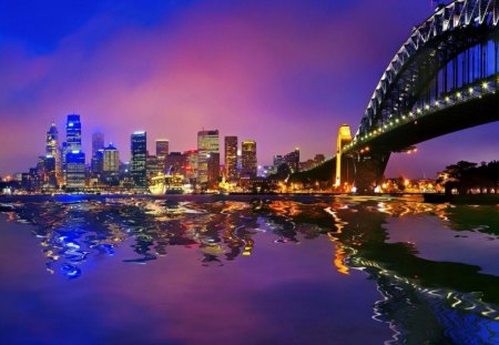 reflection at sydney harbour bridge at night - reflection, harbour, city, bridge, lights