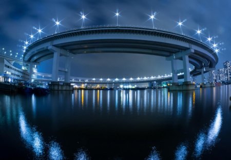 circular harbor bridge in japan - circular, harbor, bridge, lights