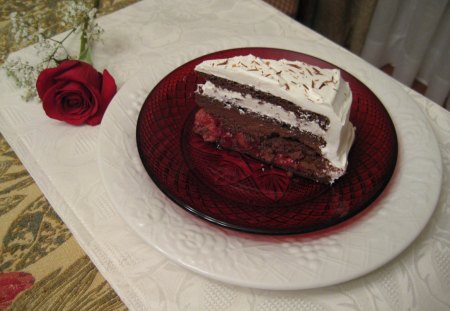 CAKE AND THE ROSE - flowers, treats, roses, desserts, chocolate, romance, cake