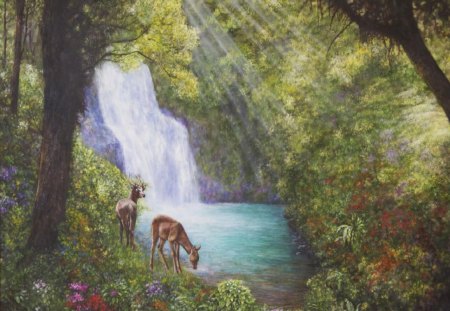 Peaceful Sanctuary - buck, doe, flowers, waterfall, pond