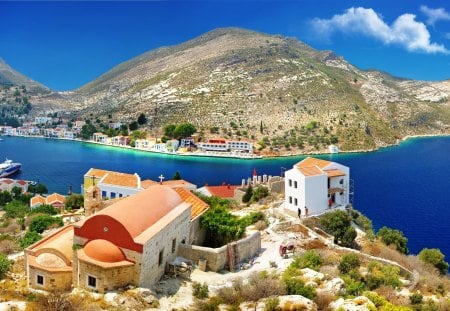 The Beauty of Greece - beauty, sky, paradise, peaceful, mountains, path, road, view, clouds, summer time, architecture, sunny, house, hill, houses, building, landscape, hills, summer, greece, buildings, lovely, nature, town, blue, alley, beautiful, city, island, splendor, colors, sea