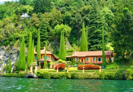 Houses on lake Como - lakeshore, nice, cottage, como, italy, riveetr, greenery, reflection, green, lake, mountain, summer, shore, slopes, lovely, nature, beautiful, cabin, europe