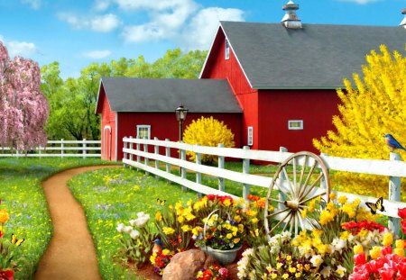 Countryside beauty - beauty, nice, cottage, trees, peaceful, colorful, countryside, path, calm, painting, pretty, house, garden, fresh, fence, fruits, vegetables, yard, lovely, serenity, village, flowers, cabin