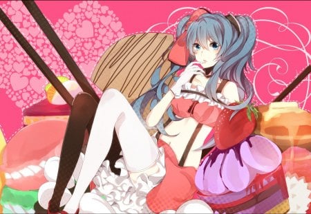 Anime - vocaloid, anime, strawberry, miku, sweets