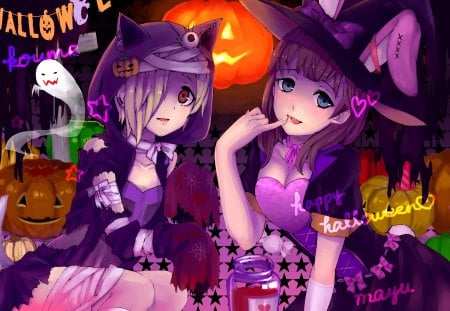 Anime - witch, ghost, halloween, pumpking, anime, bunny