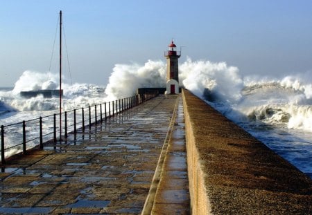 Waves Cracking Lighthouse - water, lighthouse, waves, ocean, pier