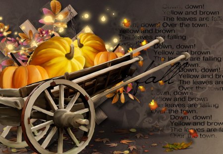 Harvest Wagon - autumn, farm, poetry, pumpkin, wheel, fall, harvest, vintage, garden, poem, text, country, glow, abstract, wagon, leaves, lights