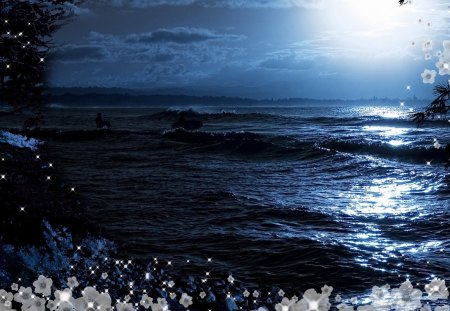 Music of Ocean Waves - clouds, blue, serene, sea, night, ocean, fleurs, light, moonlight, flowers, soft, waves, serenity, sky