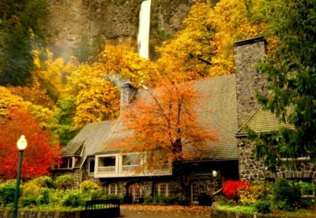 Stone falls - nice, autumn, peaceful, water, stream, countryside, waterfall, rocks, foliage, fall, cittage, pretty, calmness, house, falling, lovely, serenity, nature, village, beautiful, leaves, stones, flowers, cabin