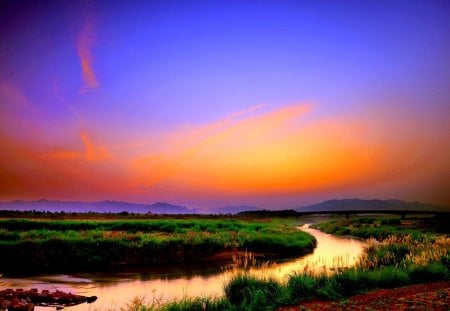 AN EVENING at RIVER - river, evening, grass, field, sprouts, bridge