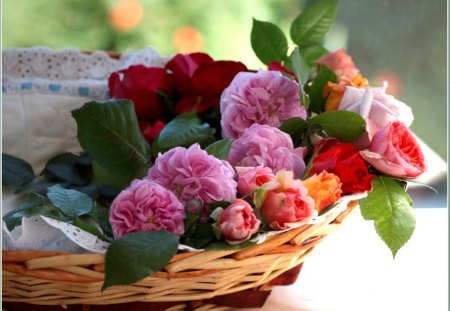 beautiful basket - basket, romantic, roses, pink