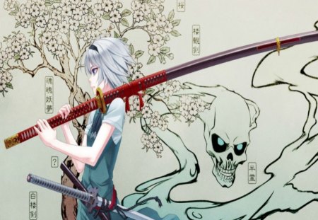 Swordmaster - anime, katana, sword, skull, japanese