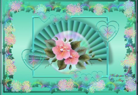 Teal Beauty - green, flowers, globes, fans