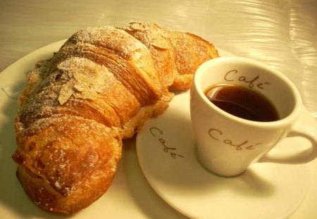 Breakfast, Anyone? - table, croissant, cup, coffee