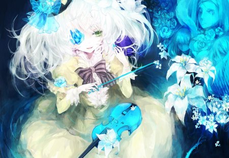 *** Fantasy girl with a violin *** - blue flowers, abstrakcja, skrzypce, anime, violin, fantasy, manga, dziewczynka