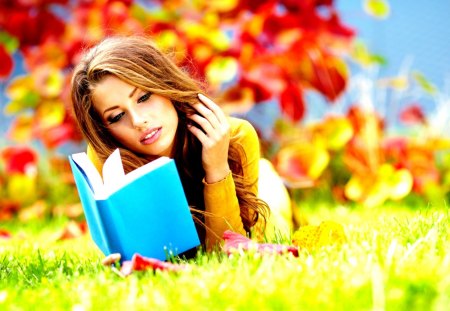 LADY AUTUMN - autumn, book, girl, grass, brunette, park, leaves