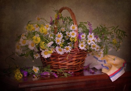 * Spring memories * - memories, flowers, basket, daisy, table, spring, bouquet, still life