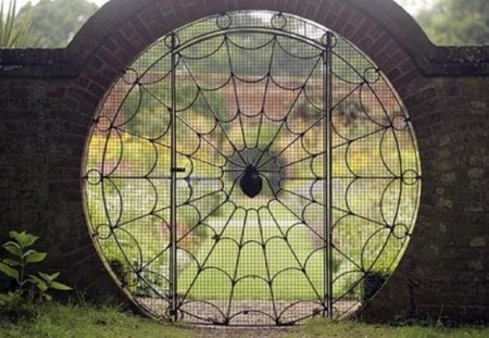 Spider Web Gate - stone, spider web, metal, gate, black