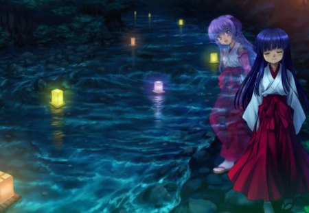 Rika - girl, sonozaki mion, water, higurashi no naku koro ni, nigth, houjou satoko, river, furude rika, maebara keiichi, ryuguu rena, anime, sonozaki shion