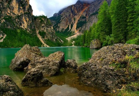 Mountainscape - nice, sky, riverbank, water, greenery, clear, rocks, crystal, calm, pretty, reflection, emerald, river, green, lake, mountain, summer, shore, lovely, nature, beautiful, stones