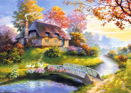 Countryside beauty - nice, beauty, cottage, autumn, trees, peaceful, countryside, stream, colorful, shine, creek, sun rays, calm, gloe, fall, pretty, reflection, river, house, grass, bridge, falling, sunlight, summer, place, lovely, nature, village, beautiful, leaves, cabin